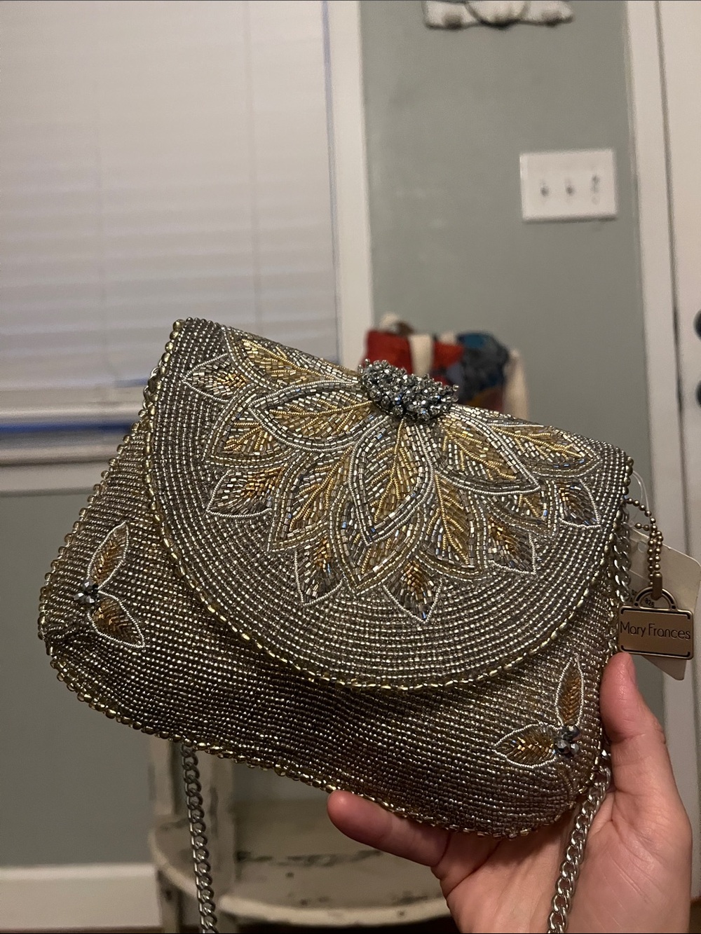 Mary Frances Beaded Silver and Gold Evening Clutch with Chain Strap